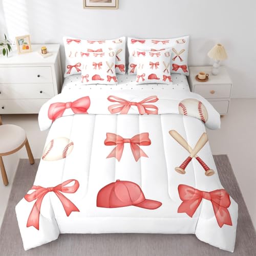 Image of Watercolor Bowknot 7 Pcs Comforter Set with Sheets Twin Size Sports Baseball Cap Baseball Bedding Sets for Kids Girls Women Cartoon Bow Ribbon Girly Bedroom Dorm Decor Lightweight Bed Set All Season