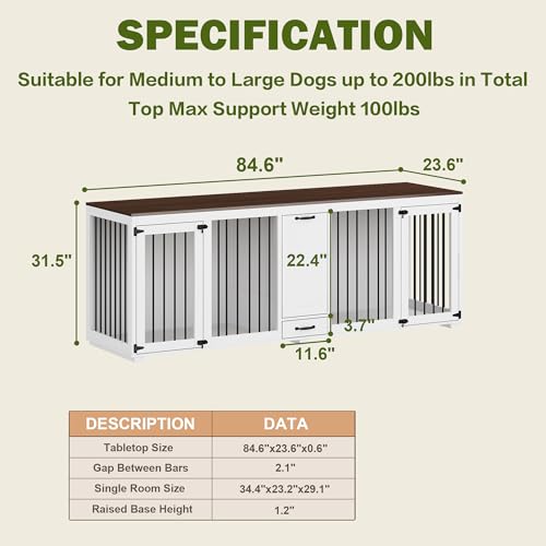 DAWNSPACES Large Furniture Style Large Dog Crate for 2 Dogs with 2 Dog Bowls & a Storage Drawer, 86.6\" Heavy Duty Wooden Dog Kennel, Indoor Dog Kennel for Large Medium Dogs, TV Stand Table, White
