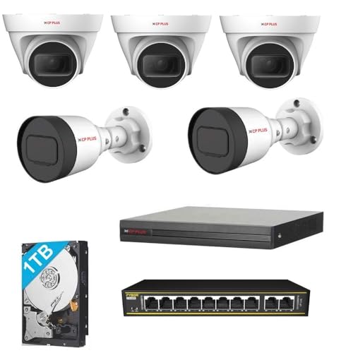 Image of CP Plus 4MP IP Night Vision with Audio Recording 5 CCTV Camera Set with (8 CH NVR,Outdoor bullete-2Nos,Indoor Dome-3Nos,8+2 Port POE Switch-1Nos,1TB Hard Drive