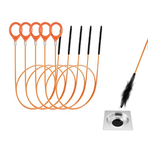 Galenecx 5 Piezas Color Naranja Desatascador de Desagüe, 81cm Tuberías Limpieza Cepillo, Resistente al Desgaste y al Óxido Desatascador en Espiral de, para Desagües en Cocinas y Baños