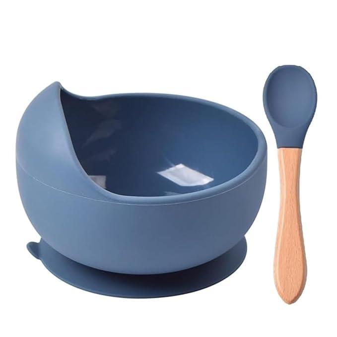 SMTPTL Baby Feeding Silicone Suction Bowl with Wooden Handle Spoon | Unbreakable Non-Slip Toddler Bowl Set | Microwave & Dishwasher Safe | Self Feeding Training Bowl for Babies & Kids (Blue)-image-16