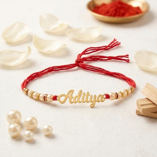 Image of Customized rakhi for brother, Rudraksha Bracelet with Thread with white Pearl Design, name rakhi for brother, Personalized for bhaiya-bhabhi