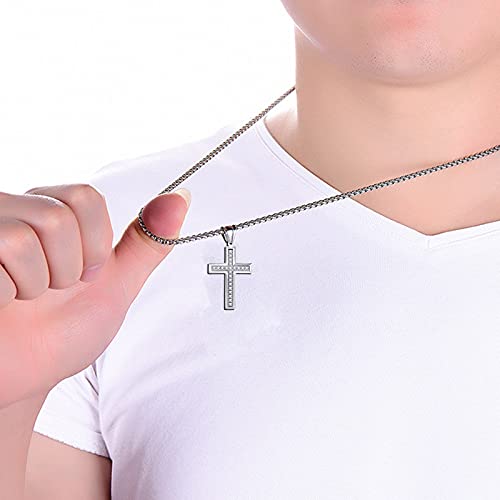 Deerllia Cross Necklace For Men Stainless Steel Crucifix Pendant Silver White Gold Beveled Edge Jesus Christ Plain Simple Women Fine Jewelry Gifts With Zirconia, 24 Inches Rolo Chain #TOP2