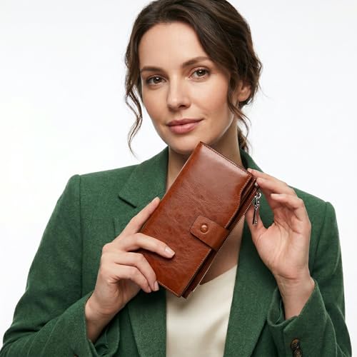 Image of YALUXE Women's RFID Real Leather Wallet with 21 Card Slots Phone Pocket | Waxed Leather, RFID Blocking, 20 Credit Card Slots, 1 ID Window, 3 Slit Pockets, Bill, Ticket, Phone Pocket