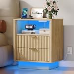 GOLDDAY Table de chevet avec station de recharge & LED Lumière, 2-Drawer Table de chevet avec des outlets, Table de fin moderne avec plateau ouvert, pour la chambre, Home Office,1Pcs, Naturel