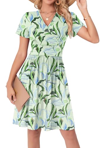 WUWUSKY Sommerkleid Damen Kurzarm V-Ausschnitt Freizeit Kleider A Linie Leicht Casual Dress mit Taschen Strandkleid Rüschen Midikleid Einfarbig...