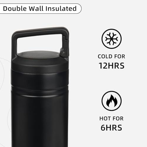 Image of BJPKPK 20 oz Insulated Travel Water Bottle, Coffee Tumbler Stainless Steel | Double Wall Vacuum, Leakproof, Thermal, Keeps Hot /Cold, BPA Free, Dishwasher Safe, Spill Proof, Wide Mouth, 2 Lids, Black