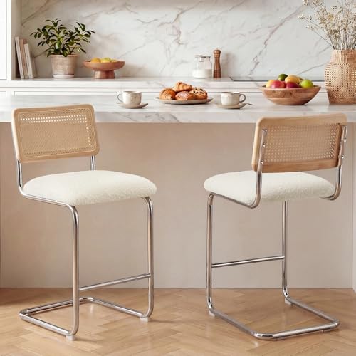 Image of Zesthouse Natural Rattan Counter Stools Set of 4, 26'' Mid Century Modern Counter Height Barstools with Solid Wood Back & Cane Mesh, Upholstered White Boucle Bar Stools for Kitchen Island, Chrome Base