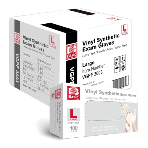 Basic Medical Clear Vinyl Exam Gloves, Latex-Free, Powder-Free, Case of