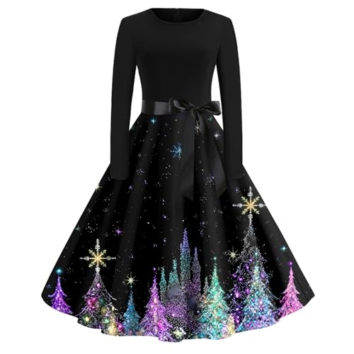 SCBFDI Weihnachtskleid Damen Große Größen, Nikolaus Kostüm Damen, Kleid Plus Size Xmas Schöne Longsleeve Abendessen mit Gürtel Tailliertes...