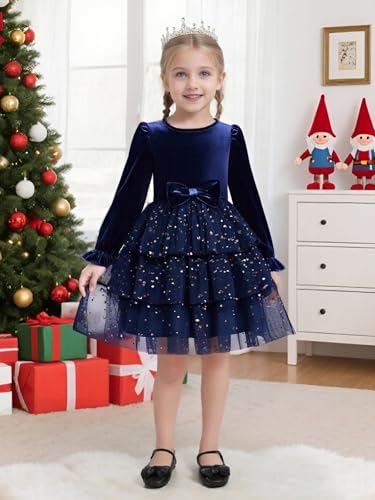 2-7Y Toddler Girls Fall Winter Velvet Tulle Tutu Dresses Long Sleeve Ruffle Holiday Christmas Princess Party Dress2