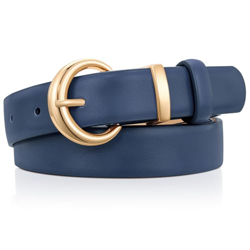 TRIWORKS Women Belt for Jeans Pants Dresses Fashion Ladies Faux Leather Waist belt with Gold Buckle Navy Blue
