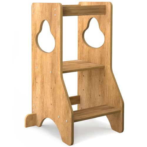 COSYLAND Torre de Aprendizaje Montessori de Madera para Niños Desde 18 Meses – Altura Ajustable en 3 Niveles – con Barandillas de Seguridad – Estable y Fácil de Montar – 80CM, Natural, Disco