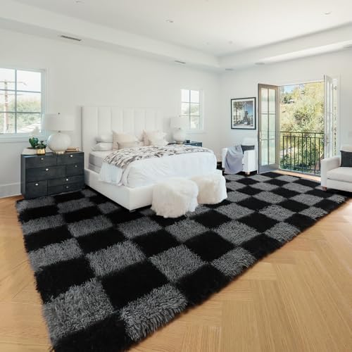 Image of KICMOR 7x9 Area Rugs for Living Room, Large Fluffy Soft Shag Shaggy Fuzzy Black and Grey Checkered Bedroom Carpet, Indoor Plush Big Rug for Kids Boys Girls Dorm Nursery Home Decor Aesthetic