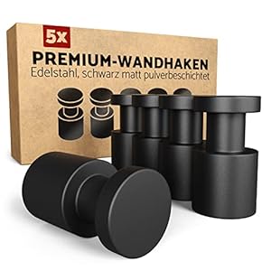 GARDELI® Handdoekhaken, set van 5, roestvrij staal, zwart gepoedercoat, kledinghaken met onzichtbare montage, massief en tijdloos design, zwart