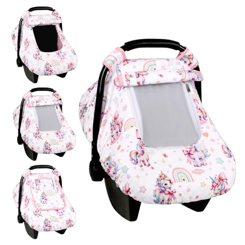 Image of Car Seat Cover Baby, HNHUAMING Infant Car Seat Covers Canopy for Baby Girl Boy, Cozy & Windproof Unicorn Newborn Carseat Covers Minky Dot Backing Stroller Cover with Breathable Mesh Window, Rainbow