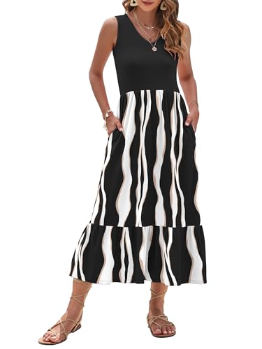 Image of AUSELILY Womens Summer Maxi Dress Casual Sleeveless V Neck Floral Dresses | A line shape with practical side pockets, Vacation dress for resort walks, Pair with low heels and simple jewelry