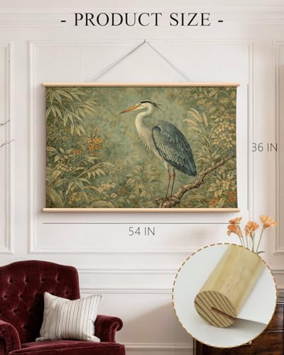 HUARCEY Extra Large Bird Canvas Wall Art 36x54 Inch Vintage Heron Scroll Painting with Botanical Floral Background, Oversized Nature Wall Decor for Living Room, Bedroom, or Study