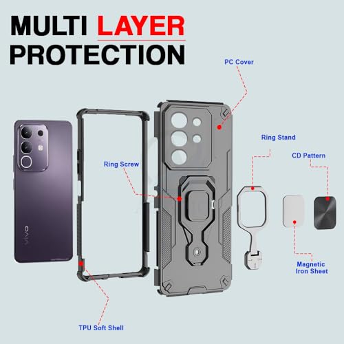 Image of AESTMO Armor Back Cover for Vivo T4X / Z10X / Y31 Pro 5G | Ring Holder & Kickstand & Camera Protection in-Built | 360 Degree Protection Back Case Cover (Black)