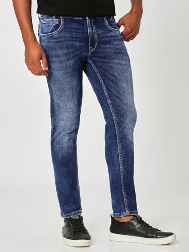 Image of MUFTI Men's Mid Blue Ankle Length Stretch Jeans