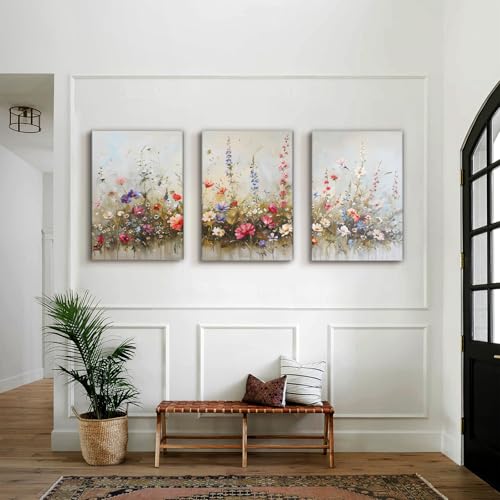 SERIMINO Large Wall Art for Living Room Canvas Prints, Nature Floral Botanical Wall Art Set 3 Piece Farmhouse Decor, Misty Flowers Modern Home Decor Paintings for Bedroom Bathroom 20"X28"