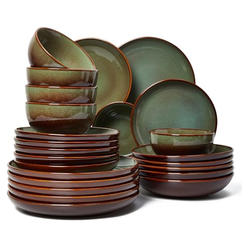 Image of Pokini 24 Piece Double Bowl Dinnerware Sets with Pasta Bowls, Highly Chip and Crack Resistant Plates and Bowls Sets, Natural Earthyware Ceramic Dishware Sets, Service for 6 Brown Green