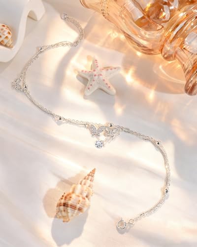 Image of Silver Ankle Bracelets for Women, Butterfly /Stars Cute Charm Anklet, 14K Gold Plated Layered Chain Anklets for Women Teen Girls