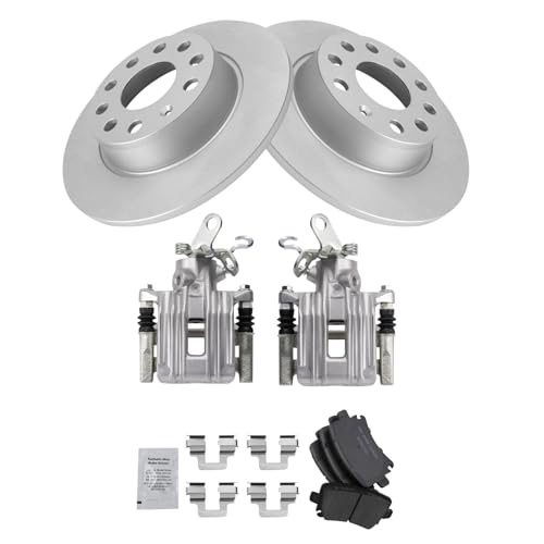 Image of TRQ Rear Brake Pad and Rotor Set Ceramic G Coated Rotors Calipers Compatible with 2010 Audi A3 A3 Quattro Volkswagen Golf Jetta 2011 GTI
