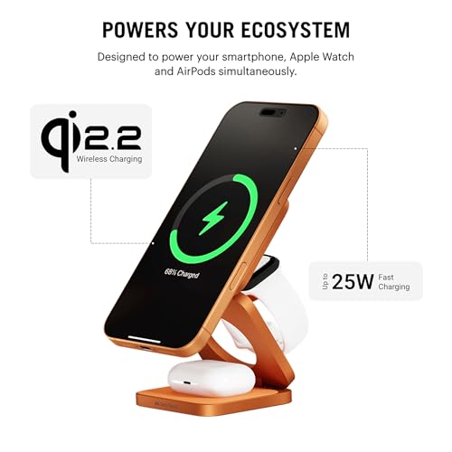 Image of DailyObjects Surge Foldaway 3-in-1 Qi2.2-Certified MagSafe-Compatible Wireless Charger with 25W Fast Charging, Premium Compact Design, Charges iPhone, AirPods & Apple Watch - Orange