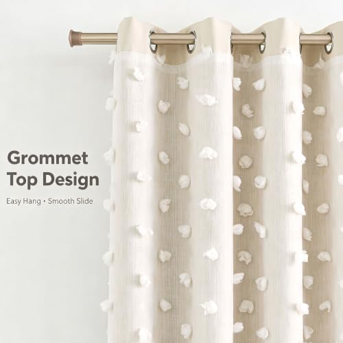 Image of Beige Room Darkening Curtain for Girls Nursery Bedroom 52x63 Inch | 80% Blackout Double Layer Curtains with Pom Pom Sheer Overlay, Grommet Privacy Drapes for Toddler Bedroom Decor, 2 Panels