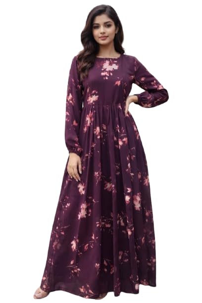 Wine Georgette Fabric with Crepe Lining for no Transparency Umbrella Pattern Floral Print Gown Bishop Sleeves with Elastic Cuffs Gown-image-4