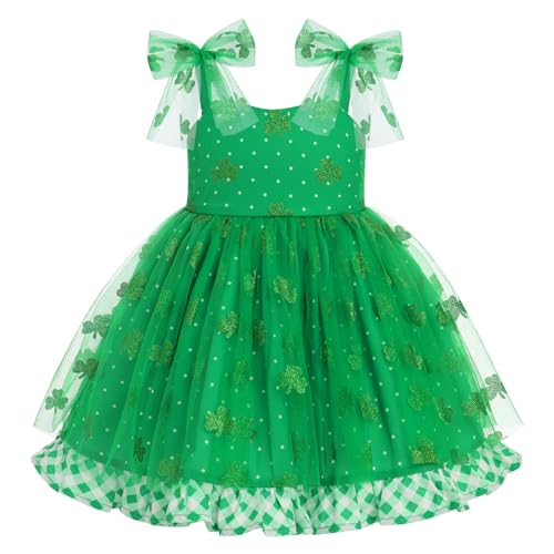 Baby Girl St Patrick's Day Dress - Toddler Clover Tutu Sleeveless Spaghetti Straps Lucky Print Green Tulle Dress 3-4 Years