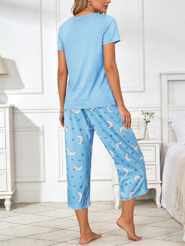 Image of YIJIU Women Soft Comfy Pajamas Cute Cat Short Sleeve Capri Pants PJS Set