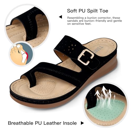 TEMOFON Flip Flops for Women Summer: Comfortable Walking Sandals,Arch Support,Orthopedic Bunion Sandal, Dressy Black/Navy/White Sandals Size 5-114