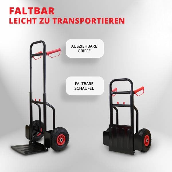Sackkarre 200 kg klappbar, Schwerlast Sackkarre mit Vollgummireifen, ausziehbare Transportkarre faltbar mit Treppenfunktion, stabile Handkarre für Umzug, Baustelle, Garten, Lager und schwere Lasten