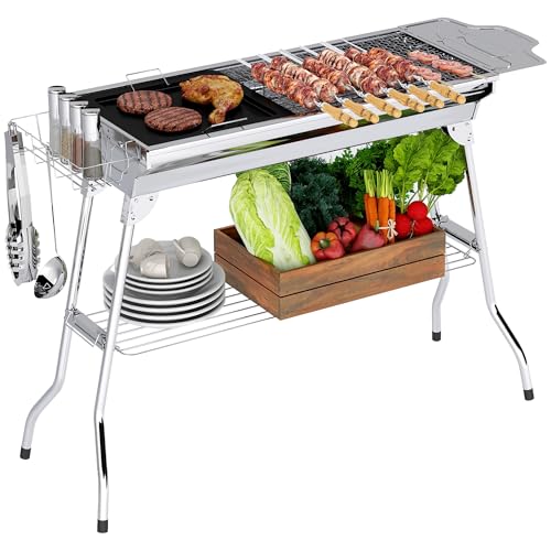 Outsunny Portable Charcoal Grill, Stainless Steel Folding Barbecue BBQ Grill