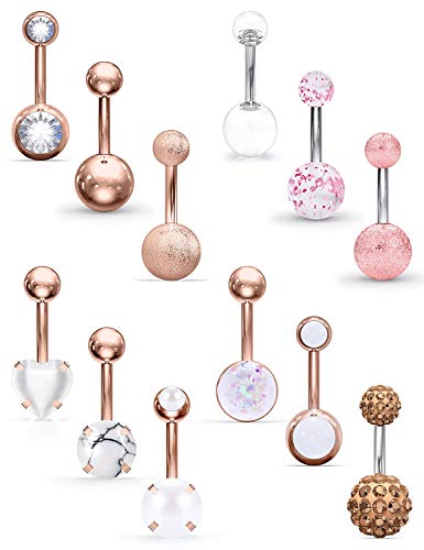Lcolyoli 14G Surgical Steel Belly Button Rings Marble Stone for Women Girls Navel Rings Body Piercing Jewelry for Women Men Bar Length 10mm 3/8 inch Rose Gold