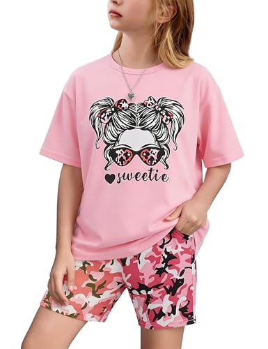 Image of mksodopy Girls Summer Clothse Graphic Print Front and Back High and Low Irregular T-shirt Cycling Shorts Set