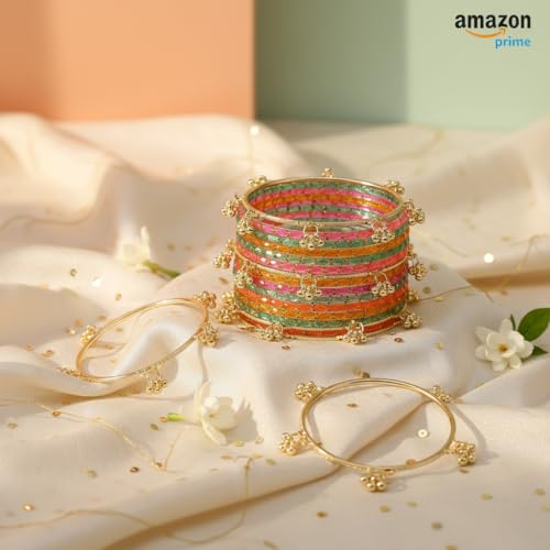 Image of Kashmiri Ghangharoo Glass Bangle Set for Women| Light Weight Bangles | Traditional Transparent Fancy Glass Chudi Set for Wedding, Party|Set Of 16(12 Glass + 4 ghungroo bangles)