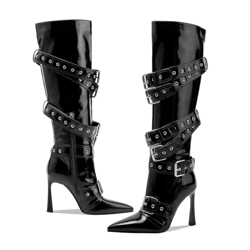 GOSERCE Black White Knee High Boots for Women Sexy Pointed Toe Buckle Rivets Tall Stiletto Boot Fashion Trendy High Heel Long Boots Zipper Ladies Patent Leather Black White Shoes Fall Winter2