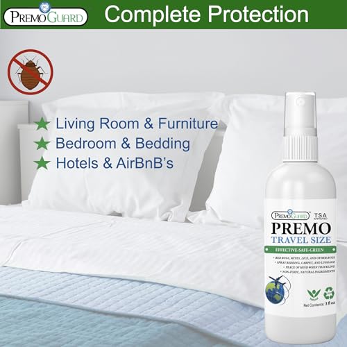 Image of Travel Bed Bug & Mite Killer Spray by Premo Guard 3 oz - Child & Pet Safe - Fast Acting - Stain & Odor Free - Best Protection - Carryon Bag Approved