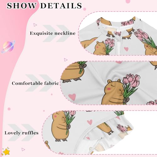 Capybara Tulip Heart Pattern Girls Long Sleeve Swimsuit Rash Guard One Piece Bathing Suits Zipper 3-12T4