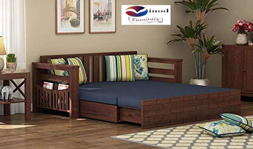 Image of Solid Sheesham Wood Sofa Cums Bed Wooden Bed Cum Sofa With Storage | Wood Sofa Set For Without Pillow With Cushions Home And Office Furniture Living Room| Walnut Finish, 3 Seater