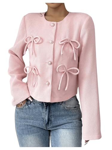 Verdusa Women's Coquette Bowknot Button Down Jacket Elegant Long Sleeve Outerwear Business Casual Outfits