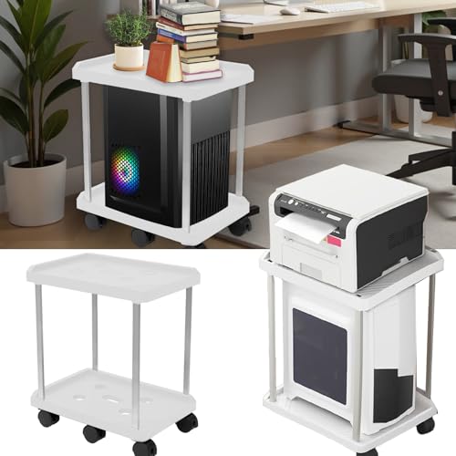 Aisny Soporte para Pc Debajo del Escritorio, Soporte para CPU De 2 Niveles con 6 Ruedas RotacióN De 360 Grados Compatible con La MayoríA De Los Hosts Ahorra Espacio 55x45x30 Cm Blanco