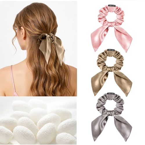 Image of THXSILK 100% Mulberry Silk Bow Scrunchies 3-Pack, 22 Momme Elegant Hair Ties for Women, No Damage Ponytail Holders for All Hair Types, Chic Fashion Hair Accessories(Pink, Taupe, Grey)