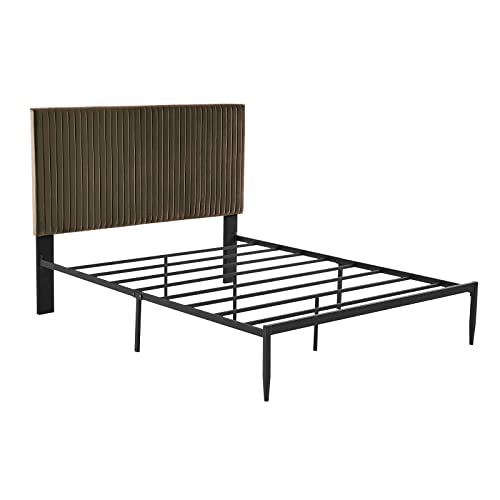 Queen Size Upholstered Platform Bed, Queen Bed Frame Brown Velvet With Headboard, No Box Spring Needed, Sturdy Strong Bed Slats, Simple Style Bed Frame For Bedroom, Easy Assembly, Mattress Foundation #TOP7