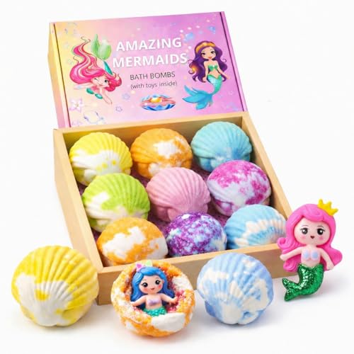 Bath Bombs for Kids with Surprise Inside 9 Pack Mermaid Bath Bomb Gift Set for Girls Natural Organic Bubble Bath with Shea Butter & Coconut Oil Birthday Gift for Kids
