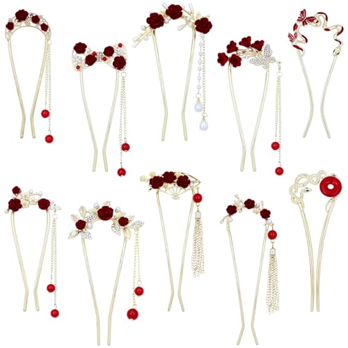 Lawie 10 Pack Cute Flower Butterfly U Shaped Gold Metal Hair Fork Pins Curved Chopsticks for Hair Sticks with Dangles French Hair Pins Bun Holder Decorative Hair Accessories for Women Girls (Red)