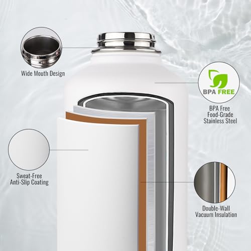 Image of Fijinhom Gallon Water Bottle with 2 Lids (Straw & Spout), 304 Stainless Steel Water Jug with Handle and Wide Mouth, 1 Gallon Vacuum Double Walled Jug for Sports, Outdoors, Leak-Proof, White 128 oz